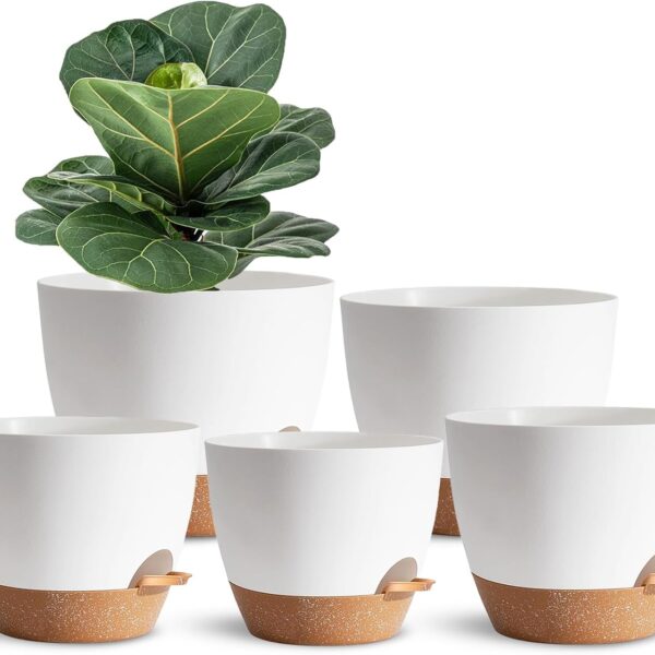 5Pack Self Watering Plant Pots for Lazy People, 7/6.5/6/5.5/5 Inch,White Plastic Self Watering Planter for All Houseplants,Succulent, African Violets,Snake Plants, Flowers and Cactus
