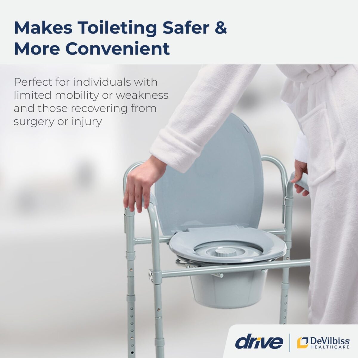 Drive Medical RTL11158KDR Folding Steel Bedside Commode Chair, Portable Toilet, 350 Pound Weight Capacity with 7.5 Qt. Bucket, Grey - Image 2