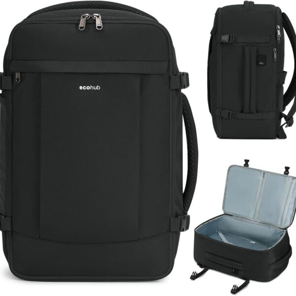 ECOHUB Travel Backpack for Men Women, Carry on Backpack with USB Charging Hole, Spirit Airlines Personal Item Bag Flight Approved, 15.6 Inch Laptop Backpack with Anti Theft Pockets, 30L, Black