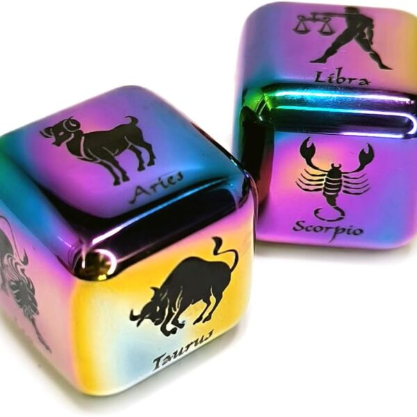 2Pcs/Set Metal 12 Constellation Dice Set, Laser Engraved 6-Sided Stainless Steel Big Zodiac Dices for Game Divination Accessory (Classic, Colorful), DK-MDICE-12XZ