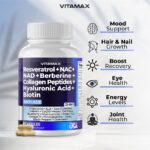 Resveratrol NAD+ Berberine Hyaluronic Acid - Biotin Grape & Blueberry + NAC - Collagen Peptides - Hair, Nail, Skin & Joint Supplement - 21-in-1 Women and Men - Made in USA (60 Count (Pack of 1) - Image 3
