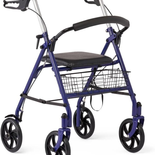 Medline Steel Rollator Walker with Seat, Blue, 300 lb. Weight Capacity, 8” Wheels, Foldable, Adjustable Handles, For Seniors, For Mobility Impairment