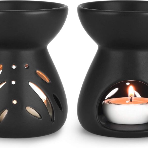 ComSaf Essential Oil Burner Wax Melt Burners Set of 2, Aromatherapy Aroma Burner Ceramic Oil Diffuser Candle Tealight Holder Home Bedroom Decor Christmas Housewarming Gift, Black