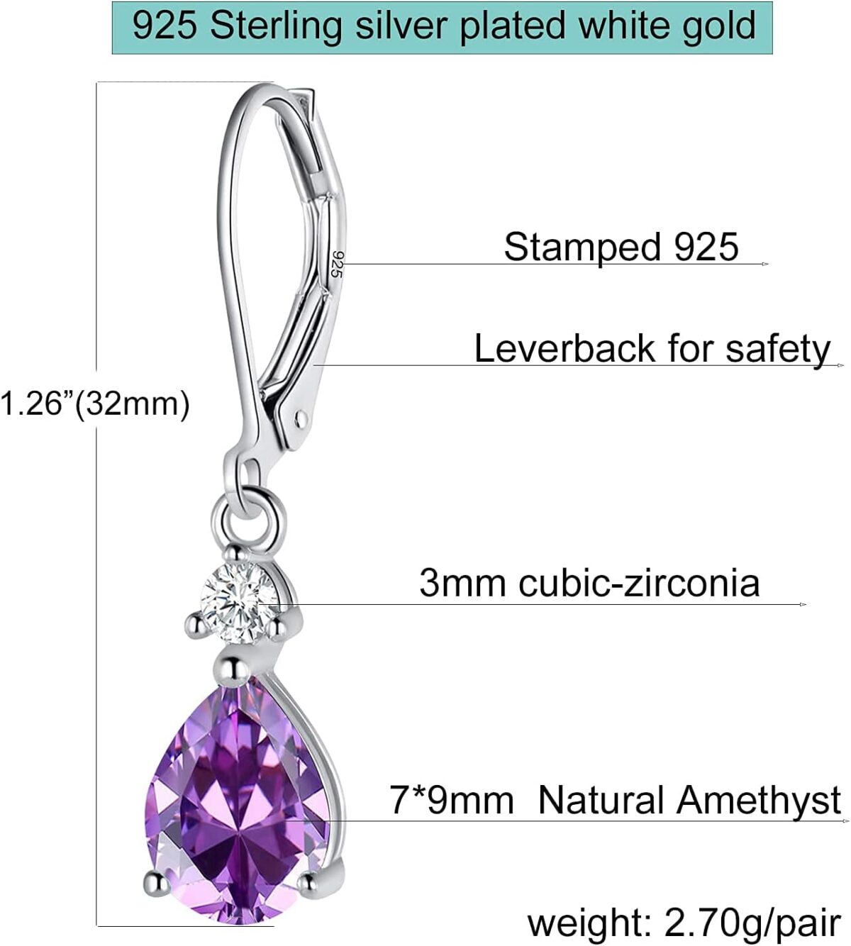 925 Sterling Silver Blue Topaz/Amethyst/Rainbow Quartz CZ Teardrop Leverback Earrings Drop Dangly Gemstone Earings Hypoallergenic Birthday Jewelry Gifts for Women Girls - Image 5