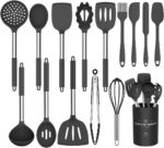 Silicone Cooking Utensil Set, Umite Chef 15pcs Silicone Cooking Kitchen Utensils Set, Non-stick - Best Kitchen Cookware with Stainless Steel Handle - Black
