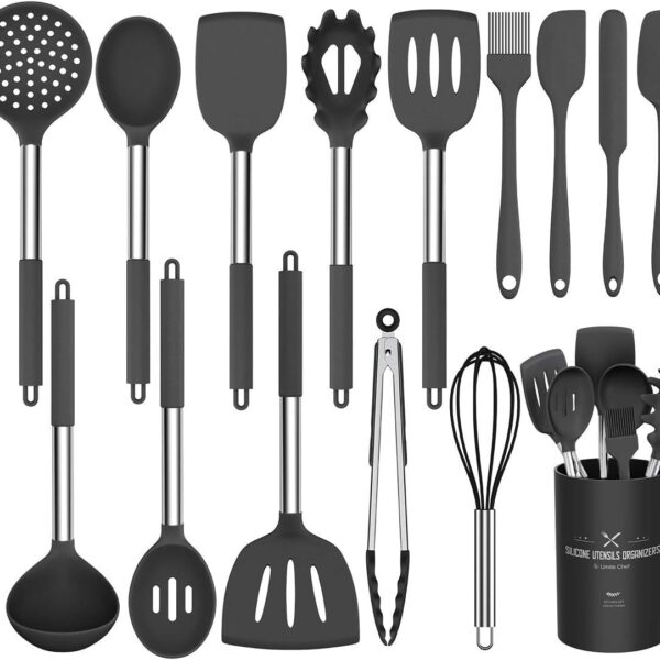 Silicone Cooking Utensil Set, Umite Chef 15pcs Silicone Cooking Kitchen Utensils Set, Non-stick - Best Kitchen Cookware with Stainless Steel Handle - Black