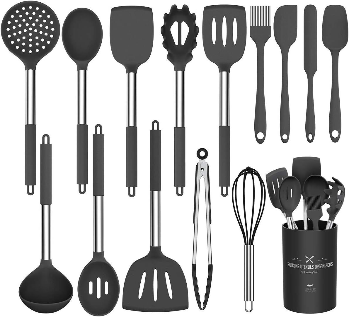 61LmdFfQqjL._AC_SL1200_.jpg Silicone Cooking Utensil Set, Umite Chef 15pcs Silicone Cooking Kitchen Utensils Set, Non-stick - Best Kitchen Cookware with Stainless Steel Handle - Black - Image 1