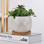 Jucoan 6 Pack Ceramic Succulent Planter Pot with Bamboo Tray, 4 Inches Small White Diamond Shaped Cactus Herb Flowers Planter with Drainage Hole - Image 4