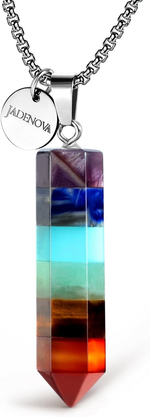 61Nvs0zLyL._AC_SL1500_.jpg JADENOVA 7 Chakra Stones Necklace Gemstone Pendant Necklace Energy Healing Crystal Divination Pendulum For Women (Cone Hexagonal, 18 Inches Stainless Steel Chain) - Image 1