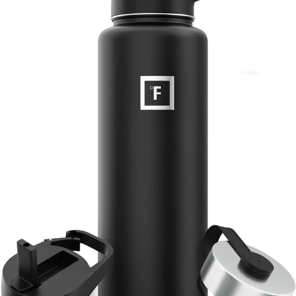 IRON °FLASK Camping & Hiking Hydration Flask with 3 Lids - Stainless Steel, Double Walled & Vacuum Insulated Water Bottle - Leak Proof & BPA Free (Midnight Black, Straw - 40 oz)