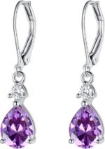 925 Sterling Silver Blue Topaz/Amethyst/Rainbow Quartz CZ Teardrop Leverback Earrings Drop Dangly Gemstone Earings Hypoallergenic Birthday Jewelry Gifts for Women Girls