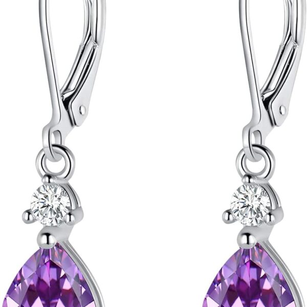 925 Sterling Silver Blue Topaz/Amethyst/Rainbow Quartz CZ Teardrop Leverback Earrings Drop Dangly Gemstone Earings Hypoallergenic Birthday Jewelry Gifts for Women Girls