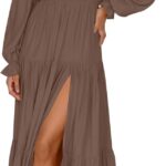 ZESICA Women's 2025 Boho Sexy Off Shoulder Long Sleeve Smocked High Waist Side Split Flowy A Line Tiered Long Maxi Dress