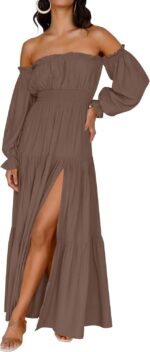 ZESICA Women's 2025 Boho Sexy Off Shoulder Long Sleeve Smocked High Waist Side Split Flowy A Line Tiered Long Maxi Dress