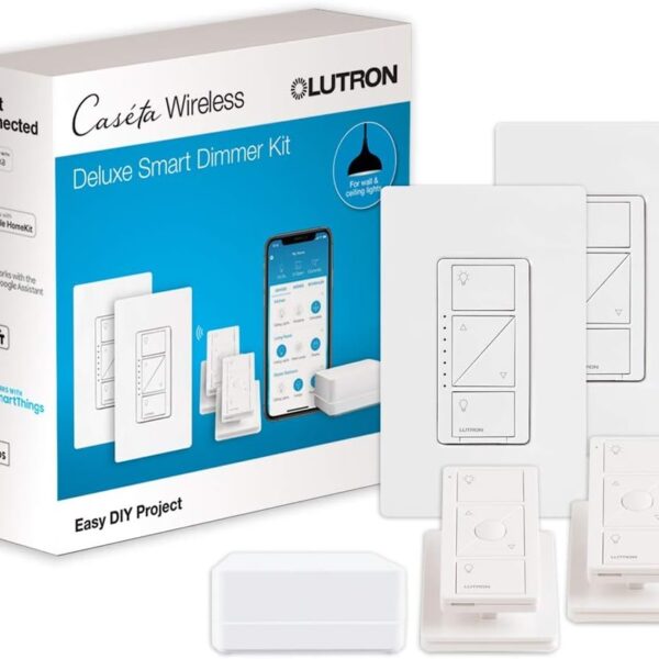 Lutron Caseta Original Smart Dimmer Switch Kit, 2 Dimmer Switches, 2 Wall Plates, 2 Remotes, 2 Pedestals, and Smart Hub, Works with Alexa, Apple Home, Google Home, 3Way, 150W, No Neutral, P-BDG-PKG2W