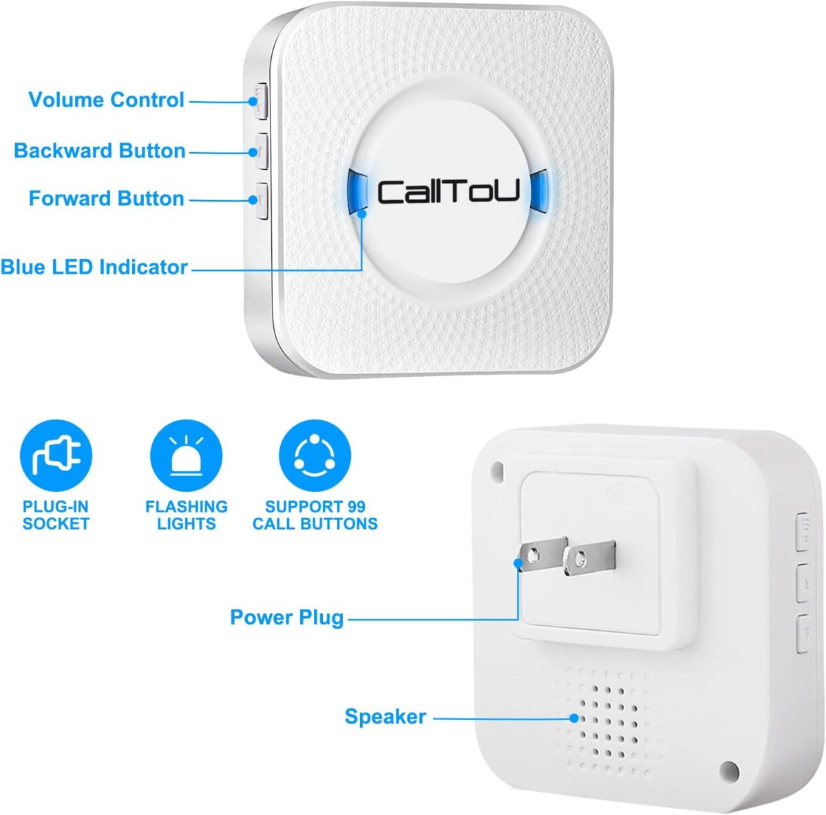 CallToU Wireless Caregiver Pager Smart Call System 2 SOS Call Buttons/Transmitters 2 Receivers Nurse Calling Alert Patient Help System for Home/Personal Attention Pager 500+Feet Plugin Receiver - Image 5