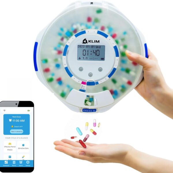 KLIM Smart Pill Dispenser Machine with Alarm + WiFi App Monitoring + 28 Day Medicine Dispenser + Automatic Pill Dispenser for Elderly with Alarm & Alzheimers Care + Lock Key + New 2024