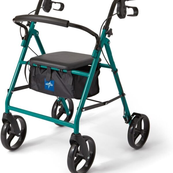 Medline Steel Rollator Walker for Adult Mobility Impairment, Green, 350 lb. Weight Capacity, 8” Wheels, Foldable, Adjustable Handles, Rolling Walker for Seniors