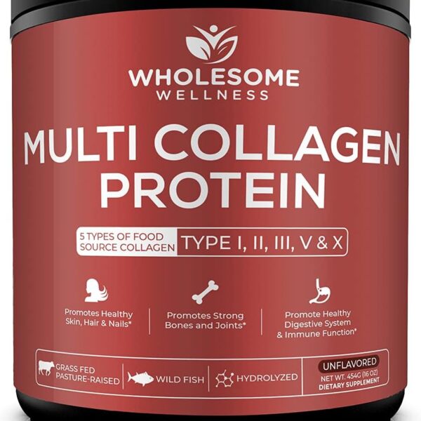 Wholesome Wellness Multi Collagen Protein Powder Hydrolyzed (Type I II III V X) Grass-Fed All-in-One Super Bone Broth + Peptides - Premium Blend of Beef, Chicken, Wild Fish, Eggshell, 58 Servings