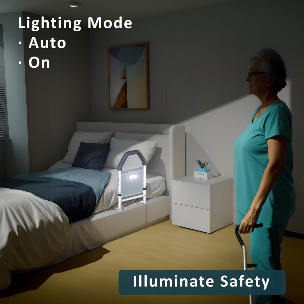 Bed Rails for Elderly Adults Safety - with Motion Light & Storage Pocket - Adjustable Bed Assist Rails for Seniors & Patients - Fits All Beds, Tool-Free Assembly - Image 3