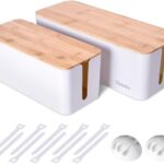 2 Pack Large Cable Management Box – Wooden Style Cord Organizer and Cover for TV Wires, Computer, Router, USB Hub and Under Desk Power Strip – Safe ABS Material and Baby-Pets Proof Lock (White)