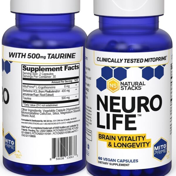NeuroLife Longevity Supplement - 500mg Taurine & 400mg Berberine Supplement - Clinically Tested MitoPrime L-Ergothioneine - Brain Support for Cognitive Vitality - 60 Berberine Capsules