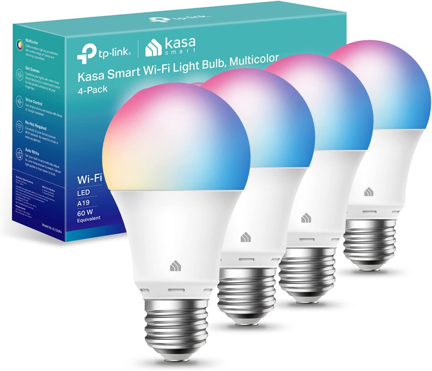 61Y-TtwpVIL._AC_SL1500_.jpg Kasa Smart Light Bulbs, Full Color Changing Dimmable Smart WiFi Bulbs Compatible with Alexa and Google Home, A19, 9W 800 Lumens,2.4Ghz only, No Hub Required, 4 Count (Pack of 1), Multicolor (KL125P4) - Image 1
