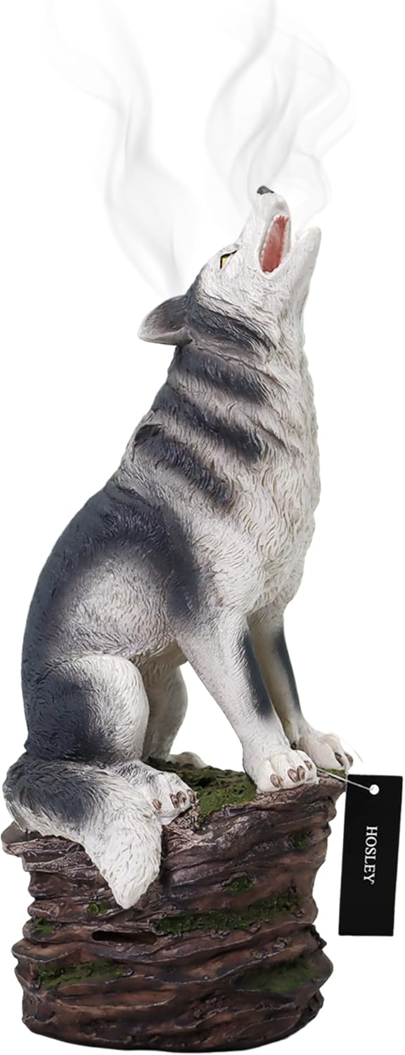 61Yx5MeEeYL._AC_SL1500_.jpg Hosley Resin Wolf Decor Statue and Incense Cone Burner Majestic Smoking Wolf Holder for Aromatic Ambiance and Unique Home Décor 12" Inch - Image 1