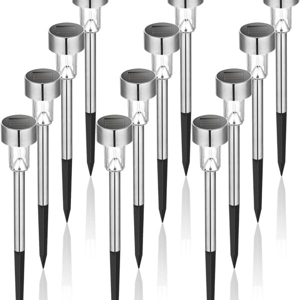 GIGALUMI Solar Lights Outdoor Waterproof, 12 Pack, Stainless Steel LED Solar Garden Lights for Patio, Lawn, Yard and Landscape, Cold White