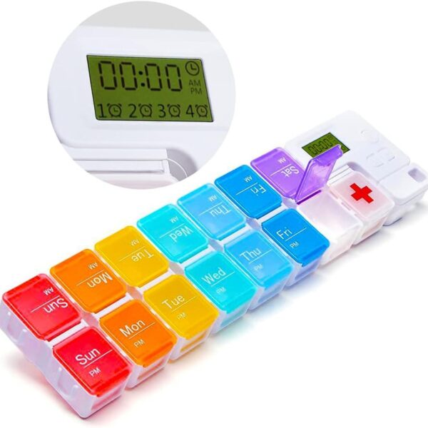 7 Day Pill Organizer,4 Reminder Alarms, Loud Sound,14 Large Compartments,Large Screen,Moisture-Proof Design,Hold Vitamins,Fish Oil,Supplements,Weekly Pill Box/Cases,Daily Medicine Dispenser