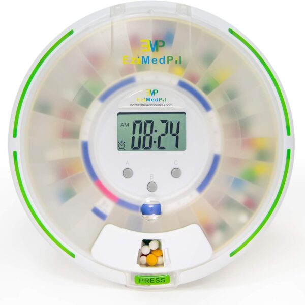 EziMedPil Automatic Pill Dispenser with Alarm, Sound & Light, up to 6 Alarms/Day, 6 Dosage Templates, Easy-Read Display, Frosted Lid & Locked 28-Day Medication Dispenser for Protecting Pills Privacy