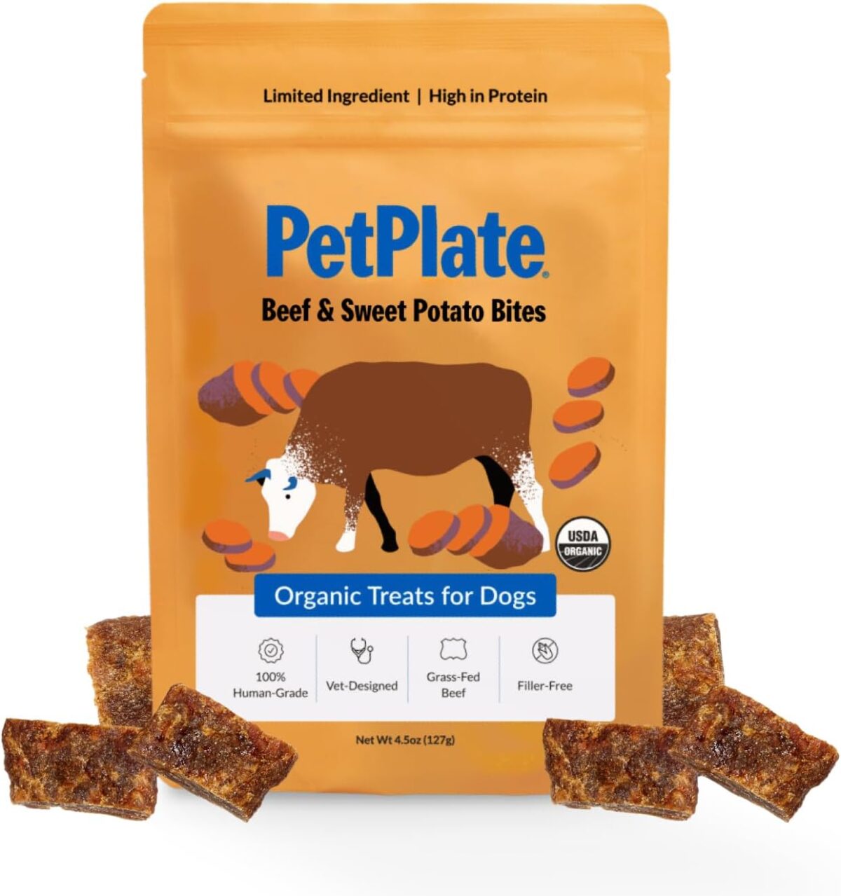 PetPlate Beef and Sweet Potato Bites, Human Grade Dog Treats, All Life Stages, Grain-Free, Organic and Real Ingredients, High Protein, Healthy Snacks (Pack of 1, 4.5 Ounce) - Image 1