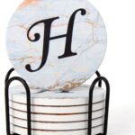 Monogrammed Coasters for Drinks Absorbents with Holder, Set of 6 Ceramic Marble Style Drink Coaster with Cork Base,Personalized Coasters Customizable with Name, Initial Letter H