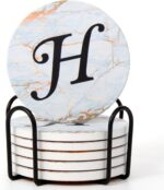 Monogrammed Coasters for Drinks Absorbents with Holder, Set of 6 Ceramic Marble Style Drink Coaster with Cork Base,Personalized Coasters Customizable with Name, Initial Letter H
