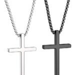 Romass 2 Pcs Cross Necklace for Men,Stainless Steel Pendant Silver Black Crosses Chain Jewelry Gifts Box 16-30 inches