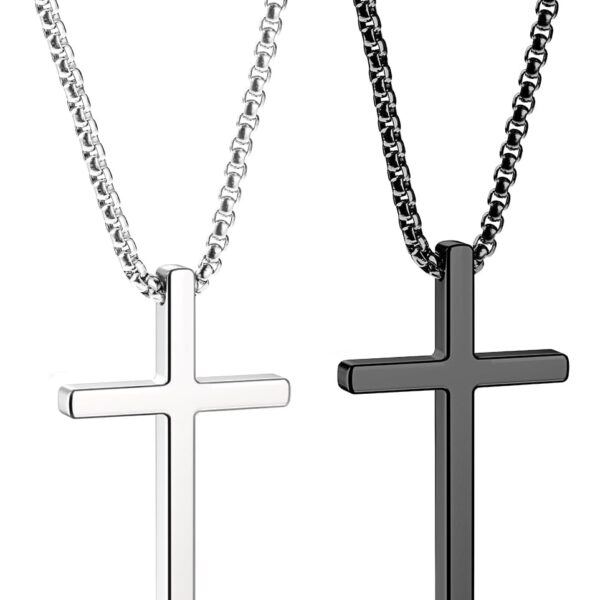 Romass 2 Pcs Cross Necklace for Men,Stainless Steel Pendant Silver Black Crosses Chain Jewelry Gifts Box 16-30 inches
