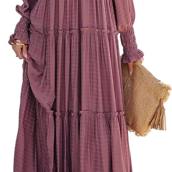 R.Vivimos Maxi Dress for Women Long Sleeve V Neck Empire Waist Layered Ruffle Boho Casual Flowy Long Dresses