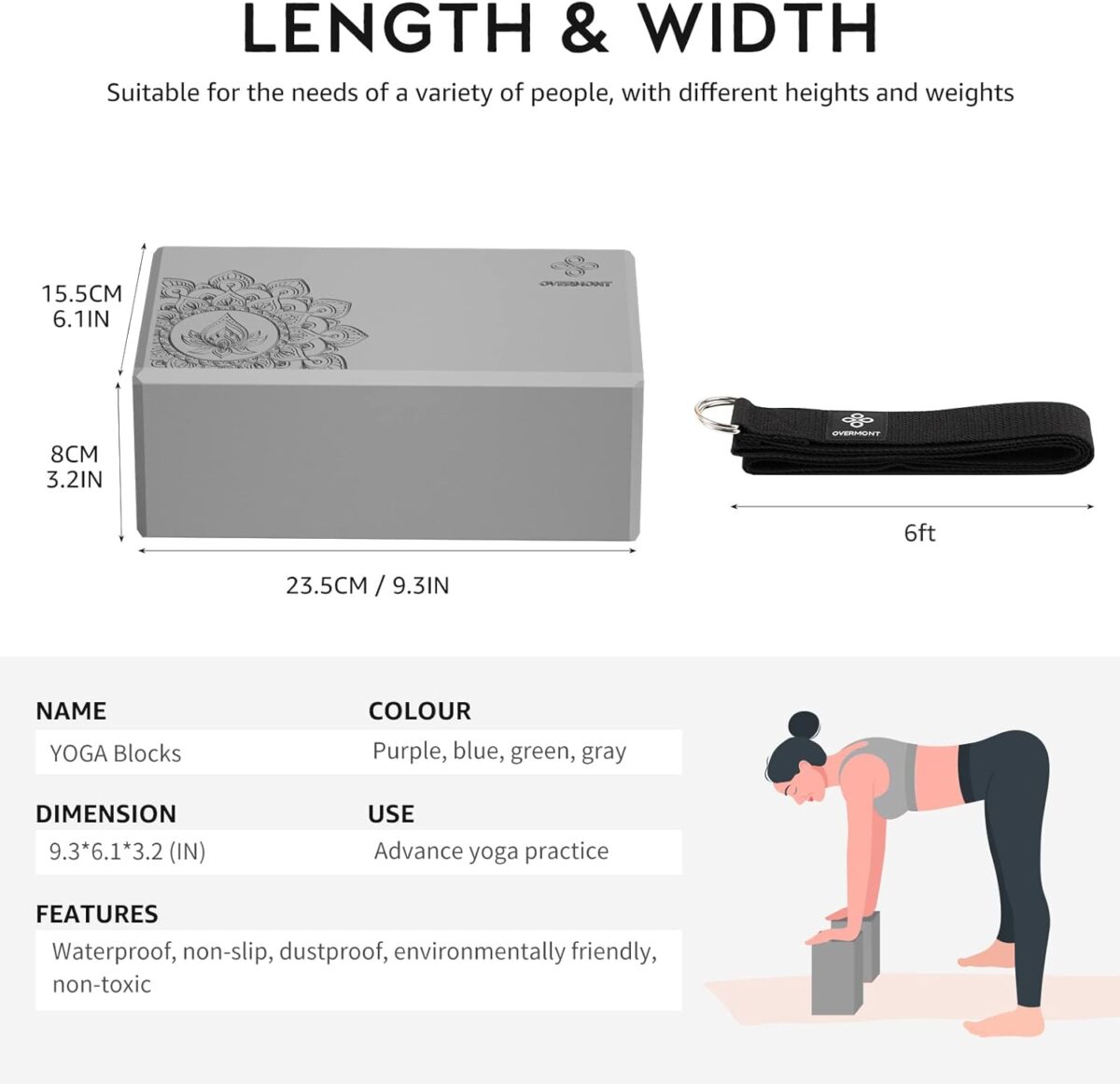 Overmont Yoga Block 2 Pack Supportive Latex-Free EVA Foam Soft Non-Slip Surface for General Fitness Pilates Stretching and Meditation 9"x6"x3" Yoga Strap Included - Image 5