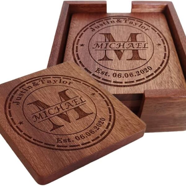 Personalized Monogram Coasters with Holder - Custom Engraved Wood Coasters for Drinks - Wedding & Parents Gifts
