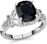 Black Tourmaline Ring in 925 Sterling Silver - October Birthstone Rings for Women - Engagement Promise Floral Statement Vintage Solitaire Tourmaline Jewelry Birthday Gifts