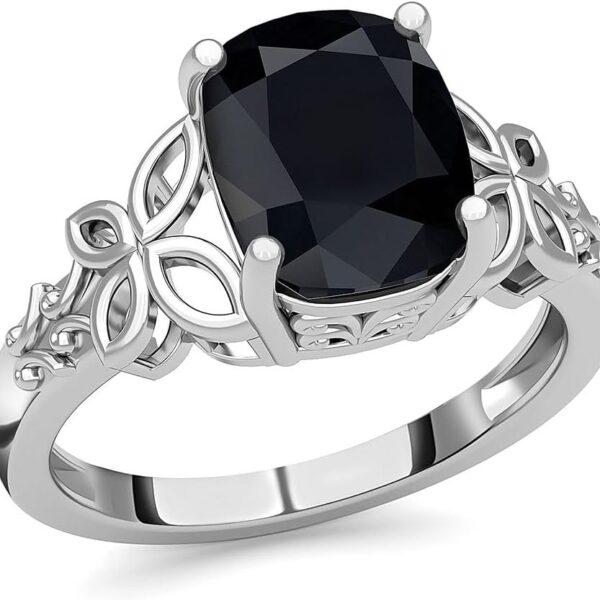 Black Tourmaline Ring in 925 Sterling Silver - October Birthstone Rings for Women - Engagement Promise Floral Statement Vintage Solitaire Tourmaline Jewelry Birthday Gifts