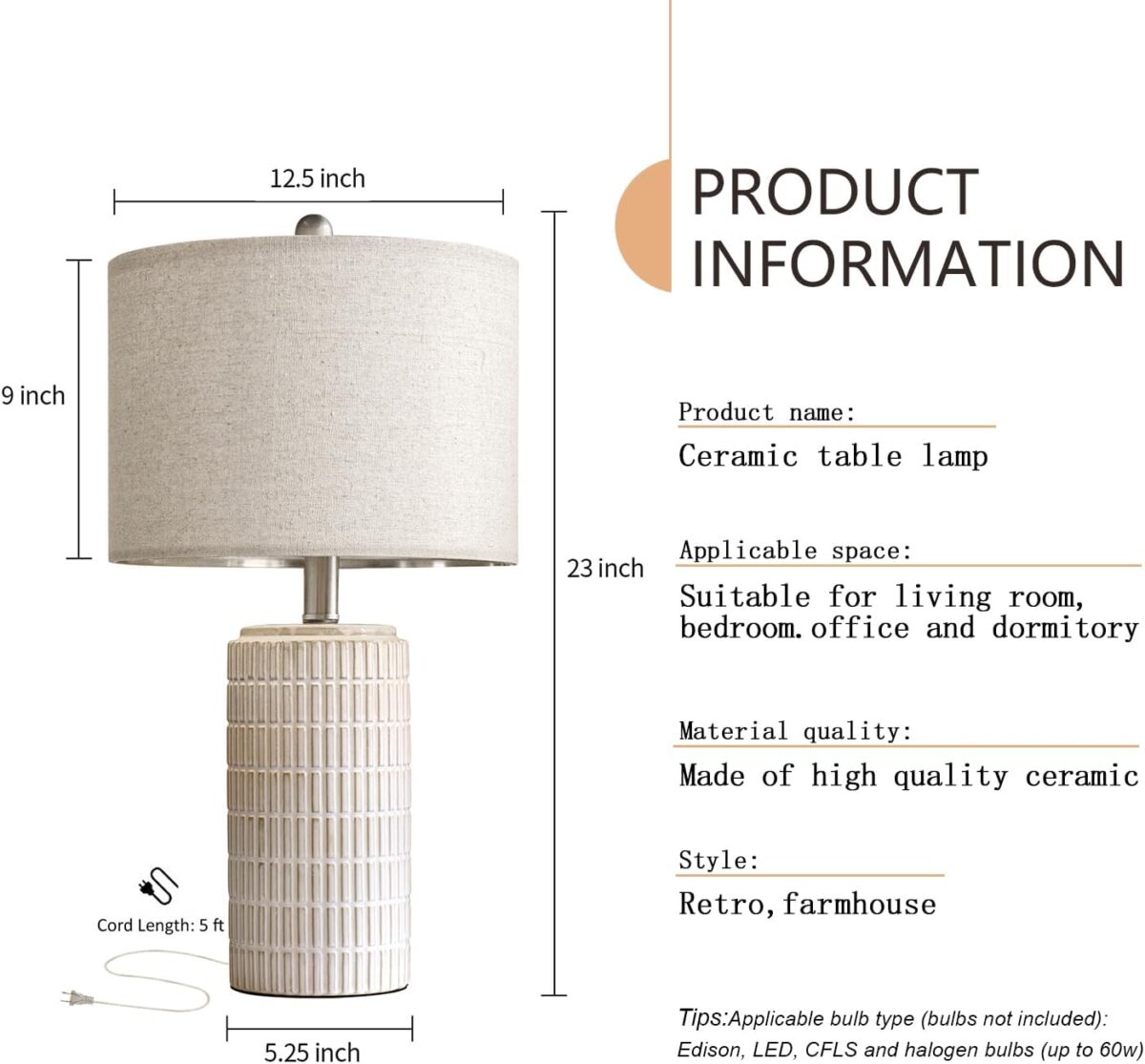 PoKat 23" Modern Ceramic Table Lamp Set of 2 for Living Room White Desk Lamps for Bedroom Farmhouse Bedside Nightstand Bedside Lamp End Table Lamps Beige - Image 6