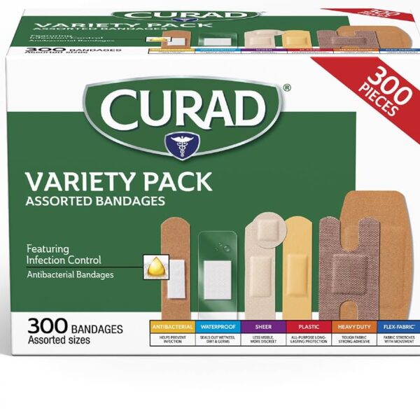 CURAD Assorted Bandages Variety Pack, 300 Count, 6 Styles Including Antibacterial, Waterproof, Sheer, Plastic, Heavy Duty & Flex-Fabric, Protects Scrapes, Cuts & Burns, Latex-Free