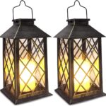 SHYMERY Solar Lantern,Outdoor Garden Hanging Lanterns,2 Pack 14 Inch Lasts 3X Longer 10 lumens Waterproof LED Flickering Flameless Candle Mission Lights for Table,Outdoor,Party Decorative
