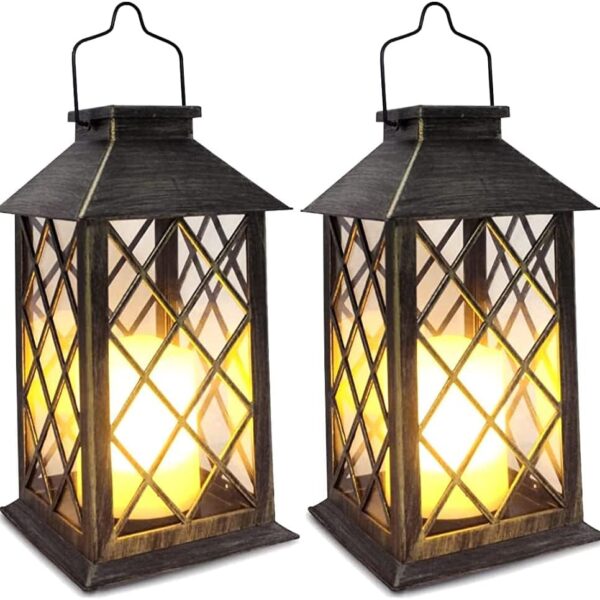 SHYMERY Solar Lantern,Outdoor Garden Hanging Lanterns,2 Pack 14 Inch Lasts 3X Longer 10 lumens Waterproof LED Flickering Flameless Candle Mission Lights for Table,Outdoor,Party Decorative