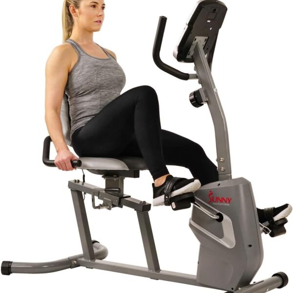 Sunny Health & Fitness Magnetic Recumbent Bike Exercise Bike with Easy Adjustable Seat, Device Holder, RPM and Pulse Rate Monitoring - SF-RB4806, Grey