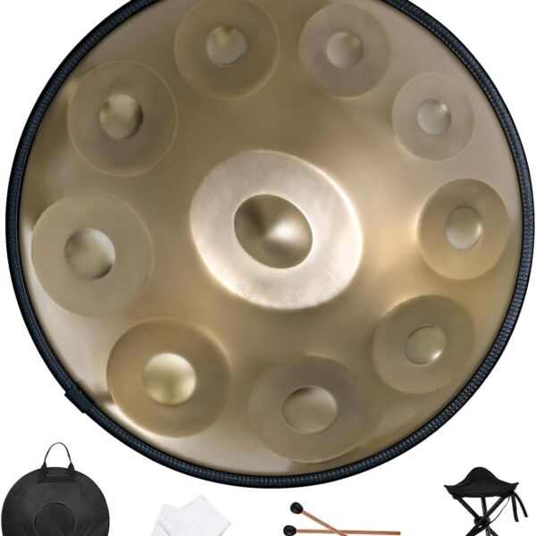 Handpan Drum 22 Inches D Minor Kurd, 432Hz 10 Notes Hand Drum Instrument, Premium Steel Hand Drum, Handpan Instrument Handpan Drum for Adults (Gold)