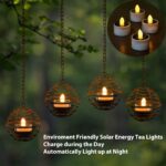 Solar Hanging Lanterns Outdoor Waterproof, Rust Iron Ball Candle Holder with Flickering Solar Powered Tea Lights, Perfect Chargeable Solar Lights for Backyard Patio Garden Fence Tree Decoration-4Pack - Image 4