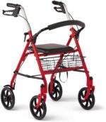 Medline Steel Rollator Walker with Seat, Red, 300 lb. Weight Capacity, 8” Wheels, Foldable, Adjustable Handles, for Seniors, for Mobility Impairment