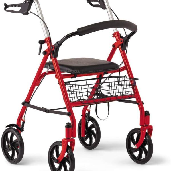 Medline Steel Rollator Walker with Seat, Red, 300 lb. Weight Capacity, 8” Wheels, Foldable, Adjustable Handles, for Seniors, for Mobility Impairment